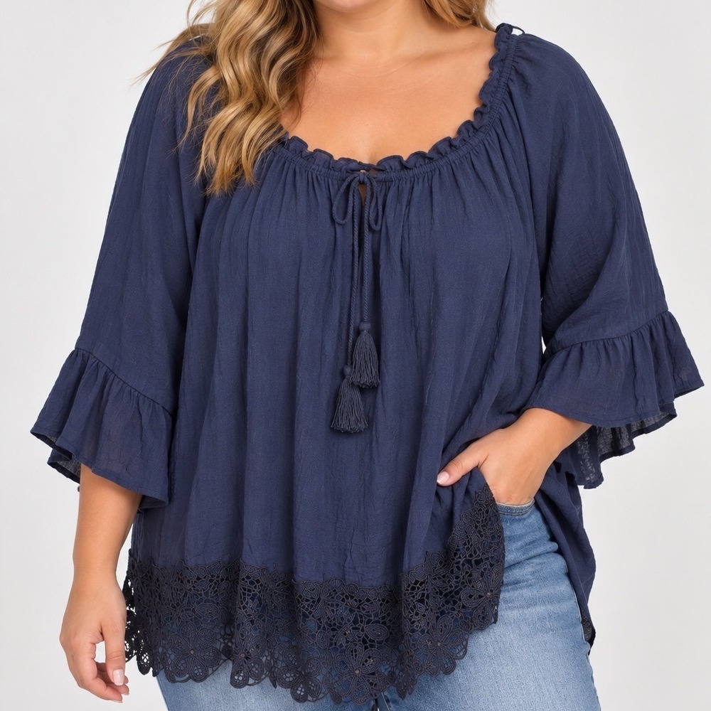 Plus Size 18 20W Navy Boho Peasant Blouse Lace Hem Bell Sleeve Romantic Top